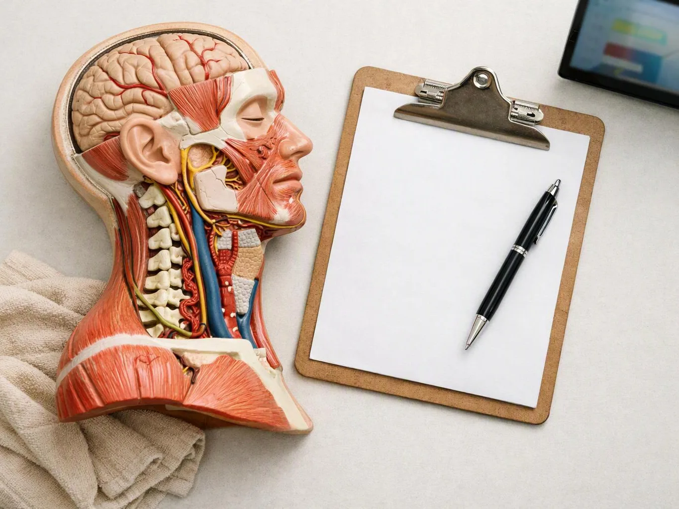 An anatomical head model sits beside a clipboard with blank paper and a pen on a light desk