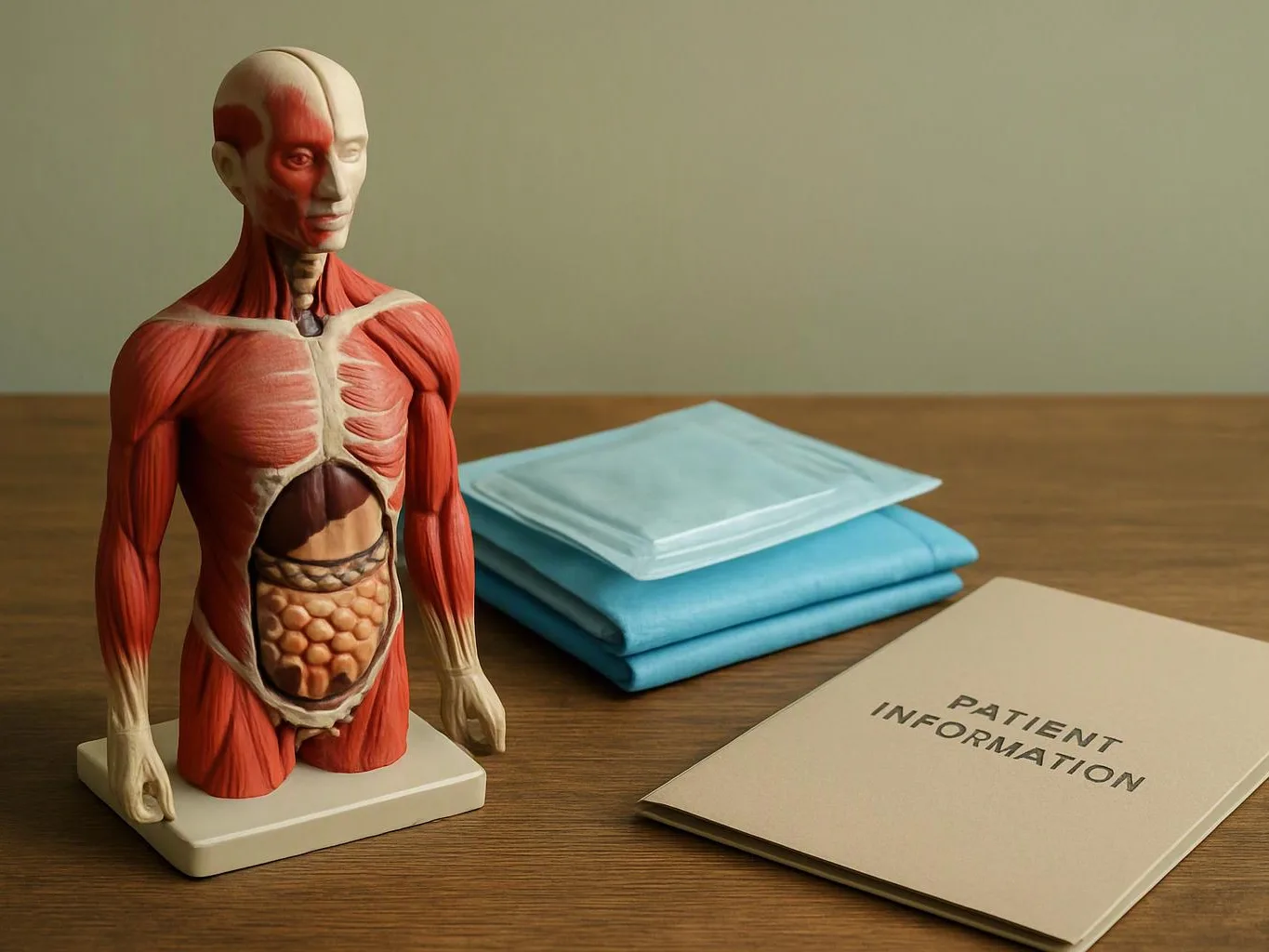 An anatomical torso model stands beside folded cloths and a patient information booklet on a wooden table