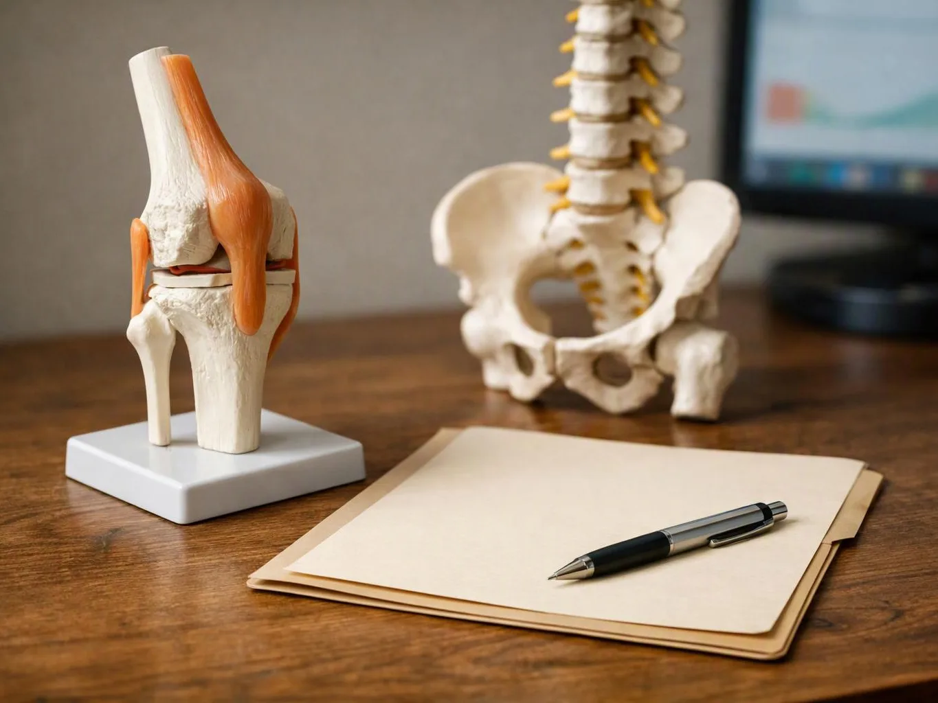 An anatomy model, blank papers, and a pen sit on a wooden desk with a spine model in the background
