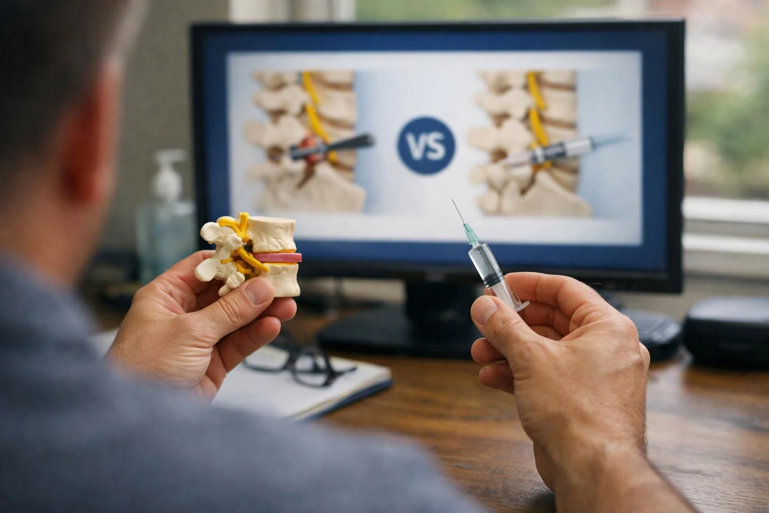A person holds a spine model and a syringe while viewing a back treatment comparison on a computer screen