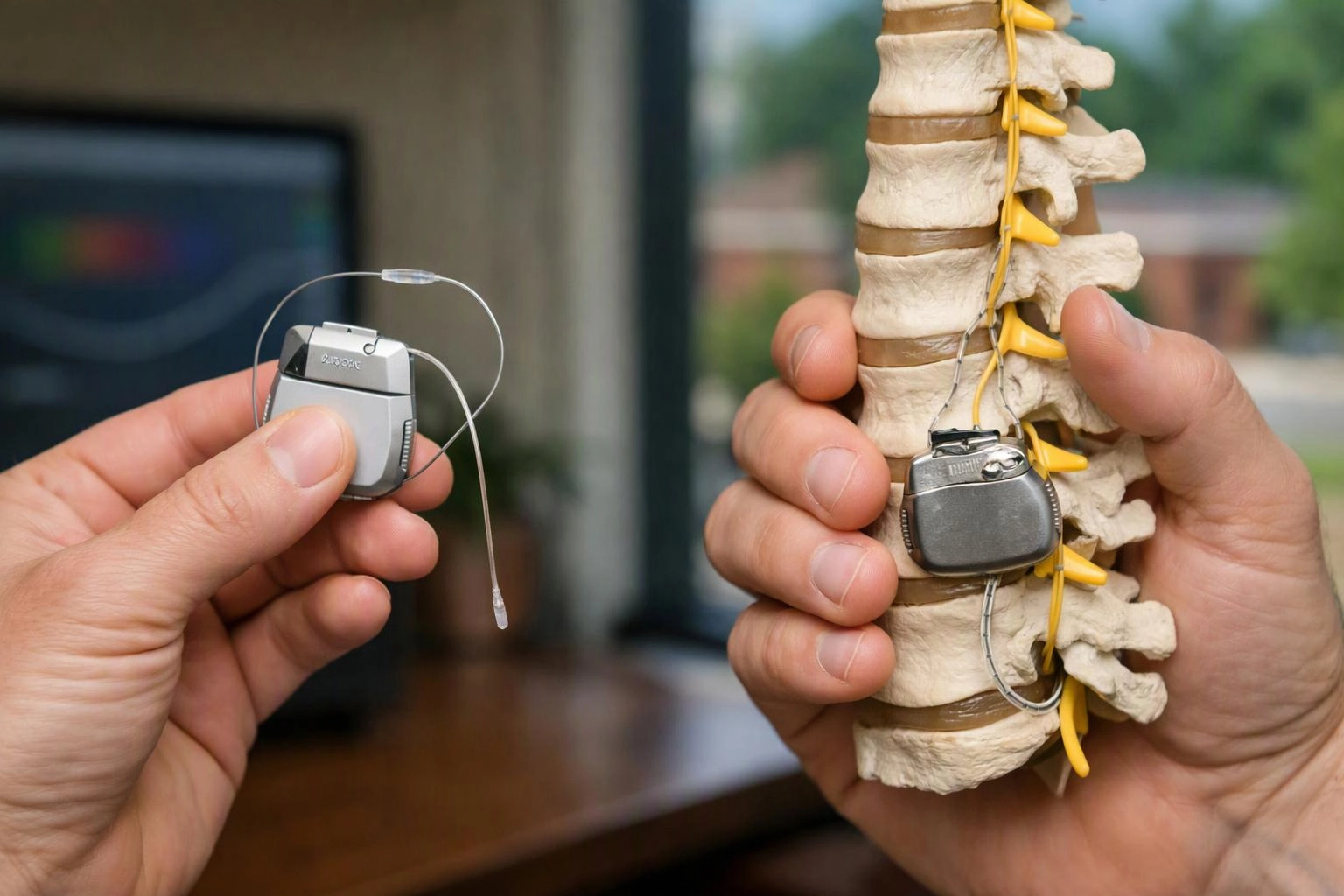 Hands hold a small medical device and a spine model with wires attached in a clinical setting