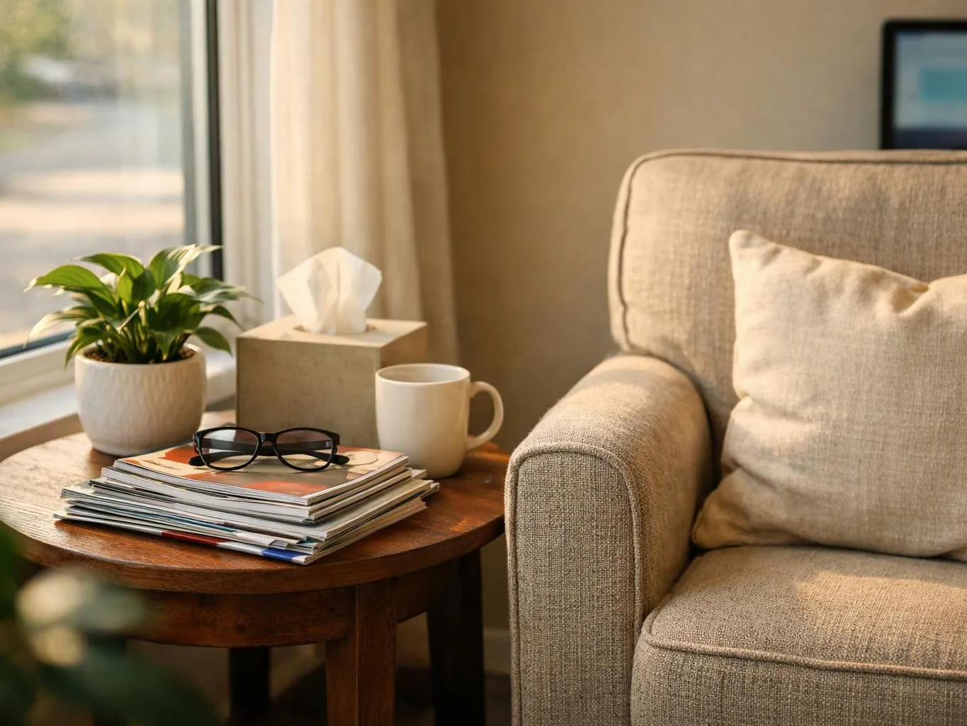 A beige armchair sits beside a wooden table with magazines, glasses, a mug, a plant, and a tissue box by the window