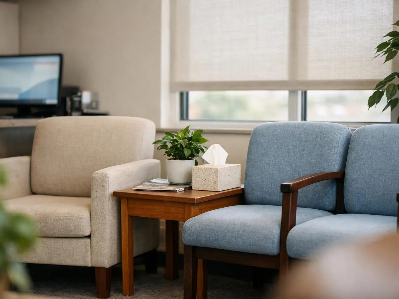 Beige and blue armchairs face a wooden side table with a tissue box and potted plant in a bright waiting room