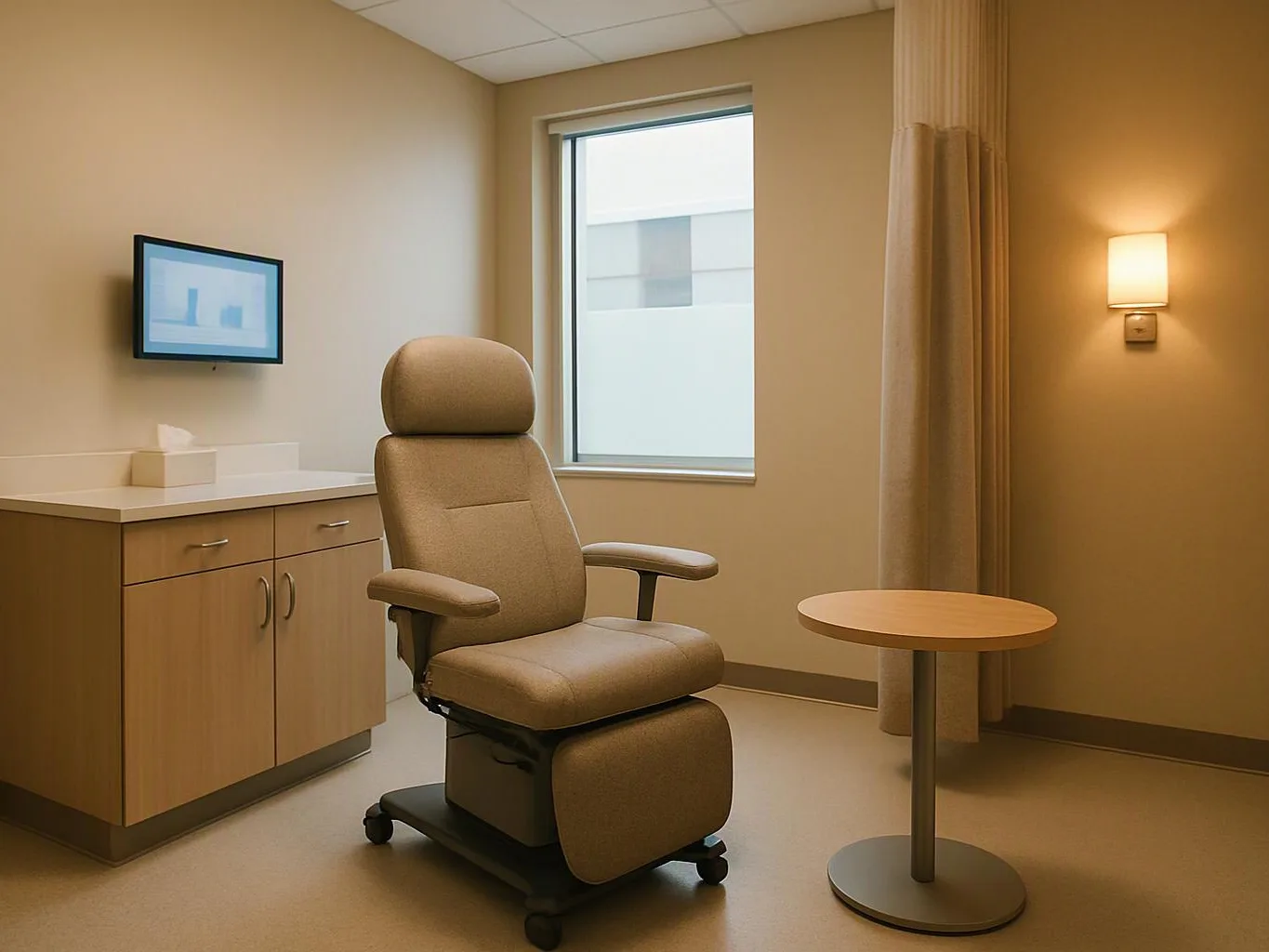 A beige medical exam chair sits in a quiet room beside a window, cabinet, and small round table
