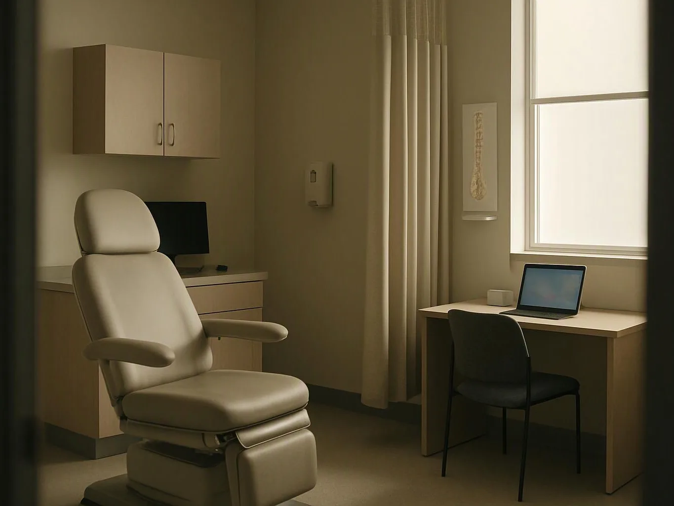 A beige medical exam room has a reclining chair, desk with laptop, cabinets, and a bright window