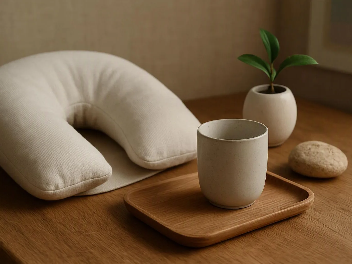A beige neck pillow, ceramic cup, wooden tray, small potted plant, and stone sit on a wooden table