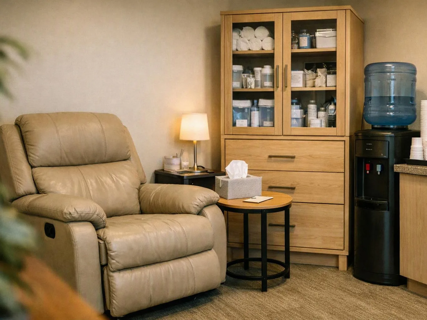 A beige recliner sits beside a lamp, side table, cabinet, and water cooler in a quiet room