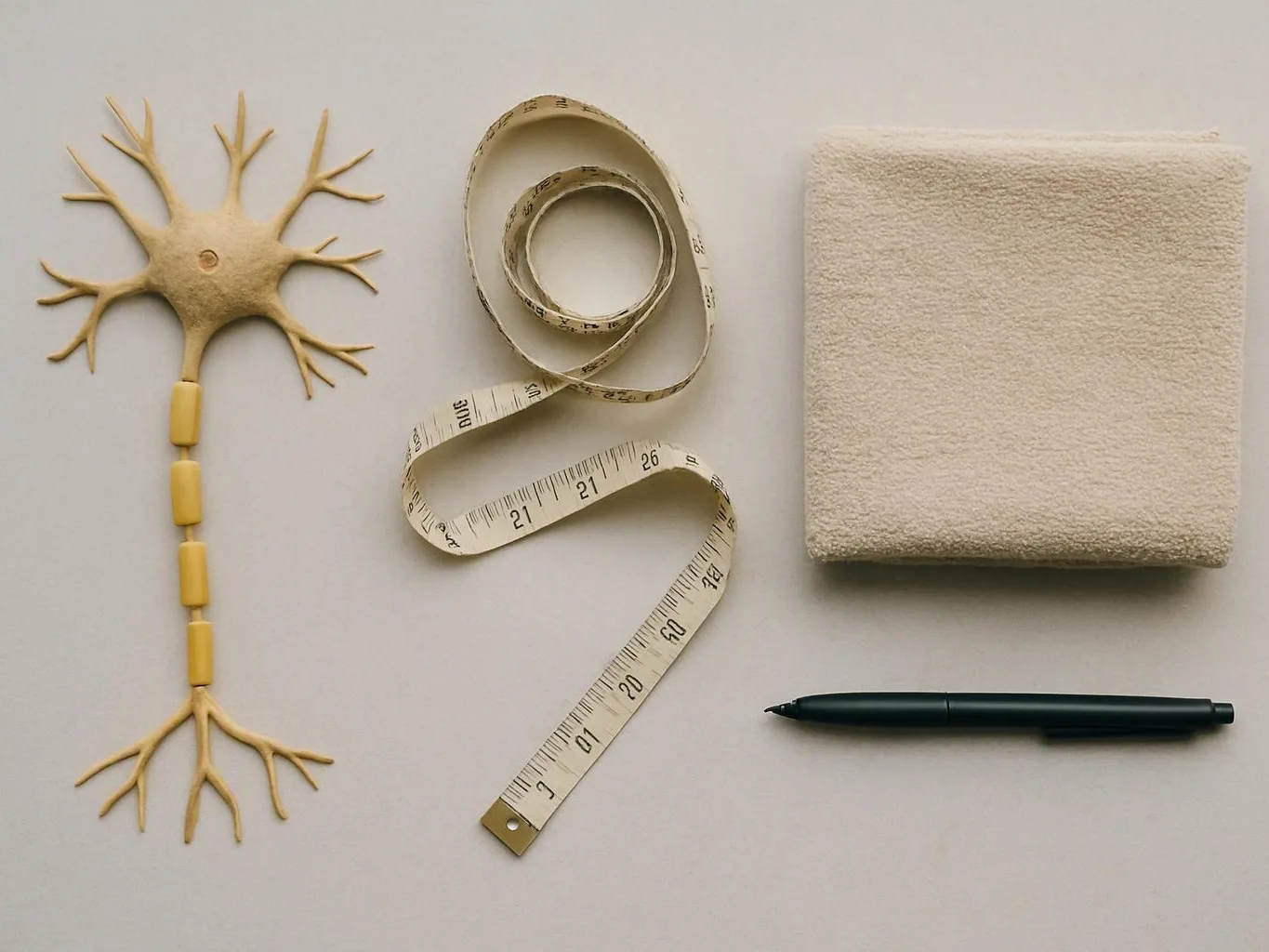 A beige workspace shows a decorative branched object, a coiled measuring tape, a folded towel, and a black pen