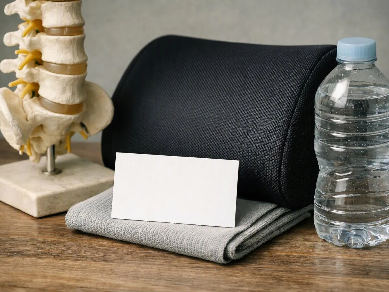 A blank card rests on folded fabric beside a water bottle, a spine model, and a black cushion on a table
