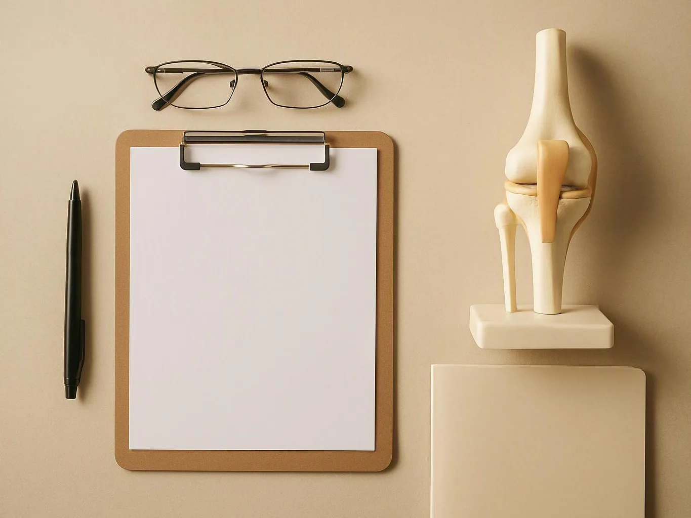 A blank clipboard, pen, glasses, and a knee joint model sit on a beige desk
