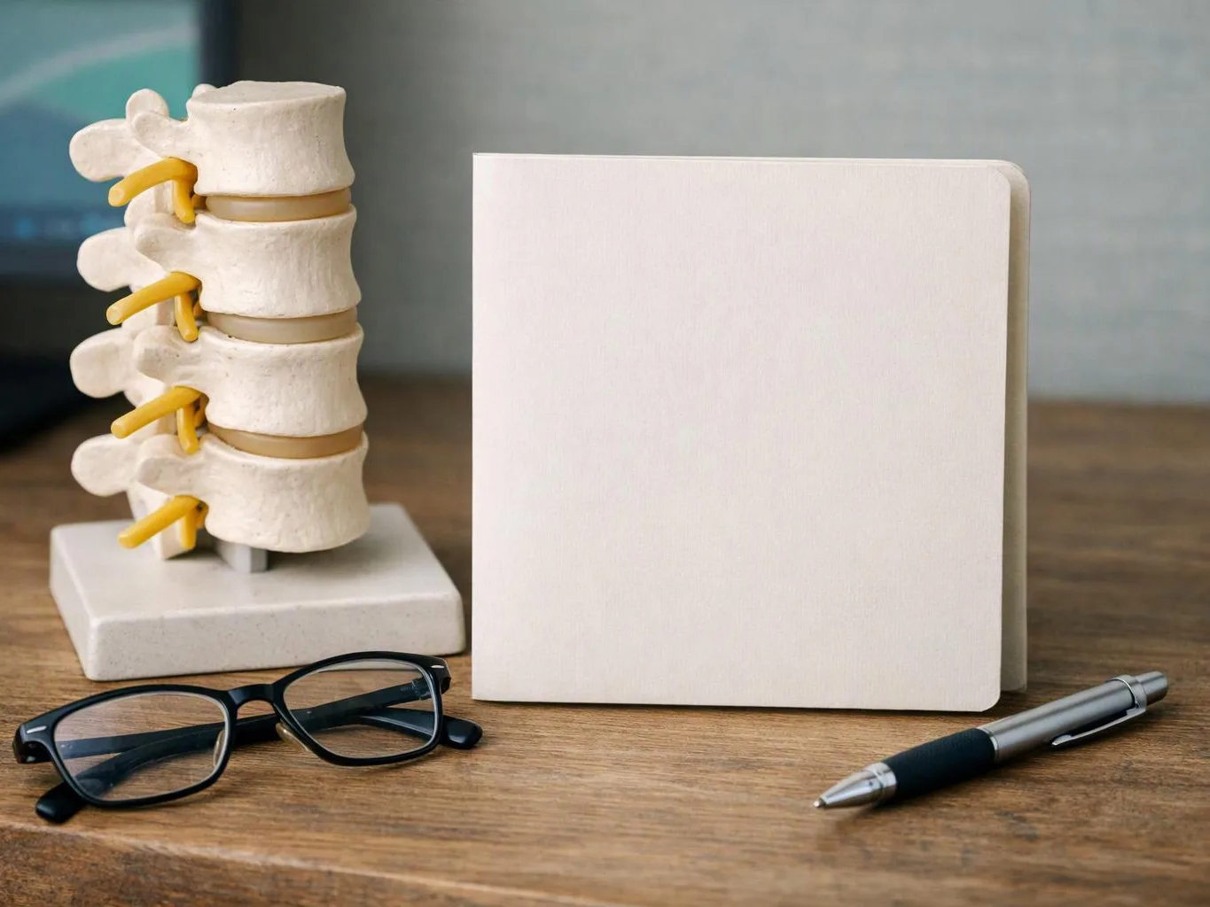 A blank notepad sits beside a spine model, with eyeglasses and a pen on a wooden desk