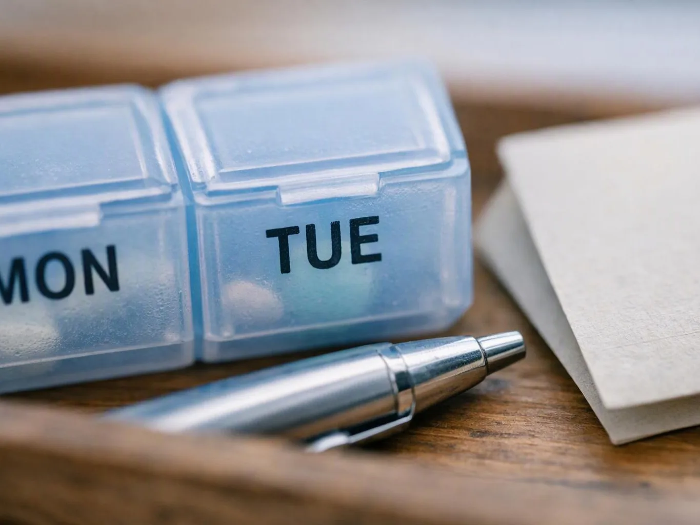 A blue pill organizer labeled MON and TUE sits beside a pen and folded paper on a wooden table