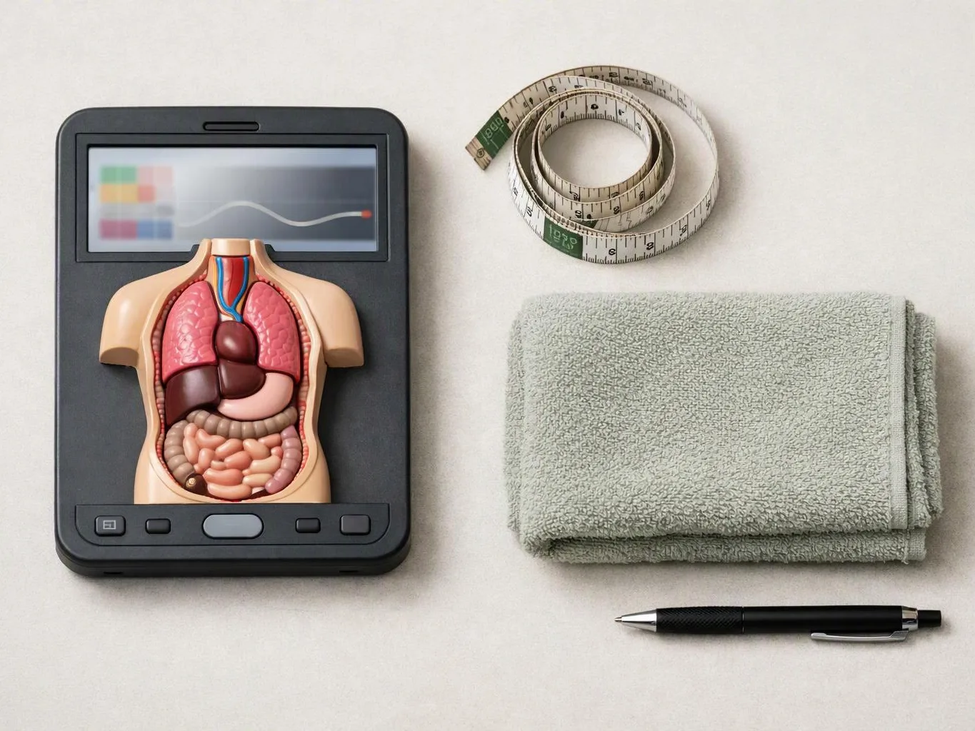 A body model sits on a tablet beside a measuring tape, folded towel, and pen on a white surface