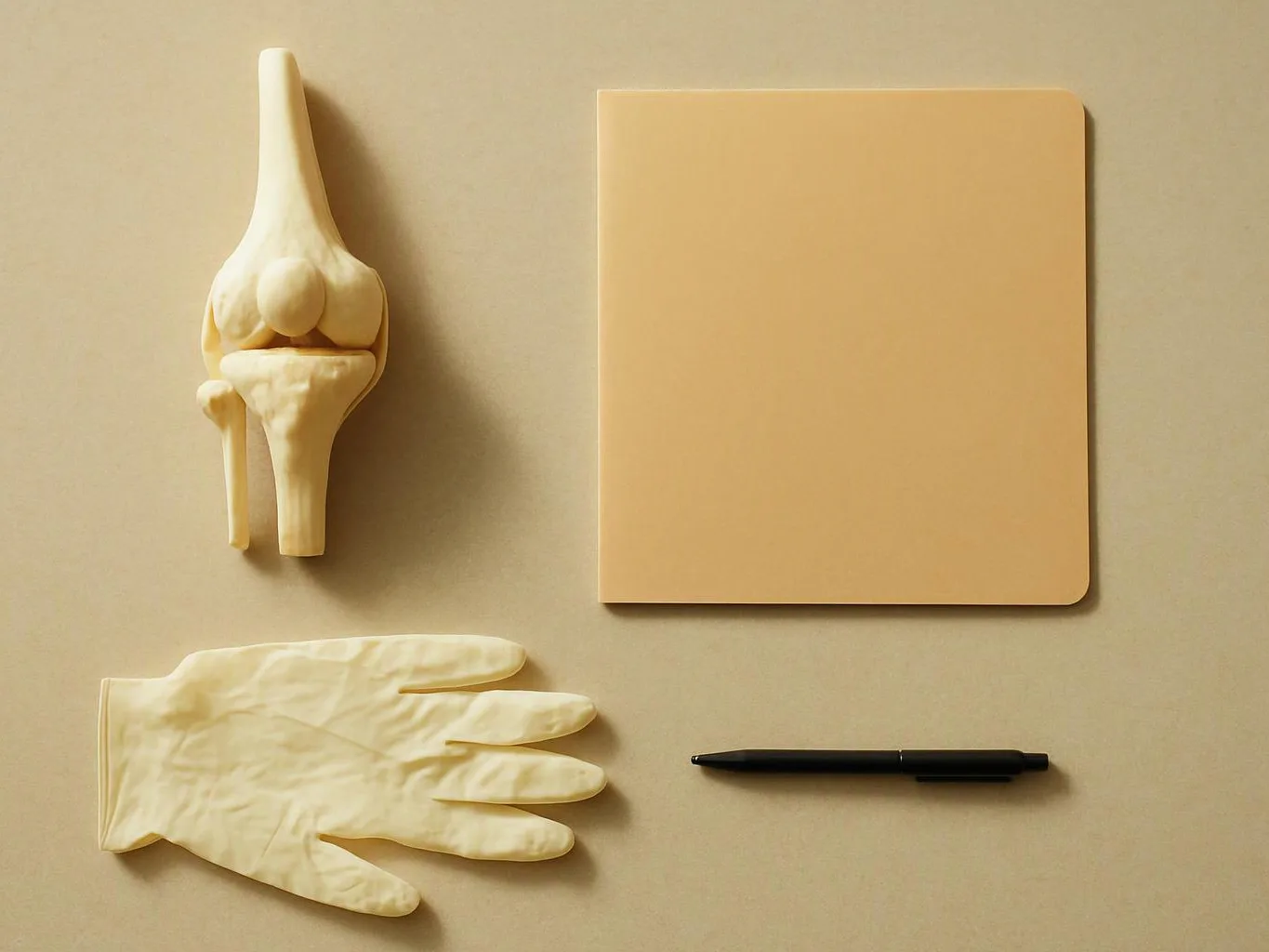 A bone model, latex glove, blank folder, and black pen rest on a beige surface