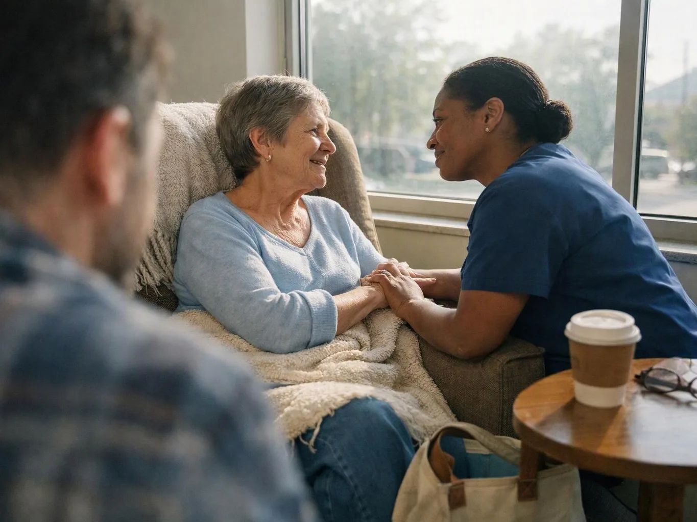 A caregiver in blue scrubs holds hands with an elderly woman resting in a chair by a window