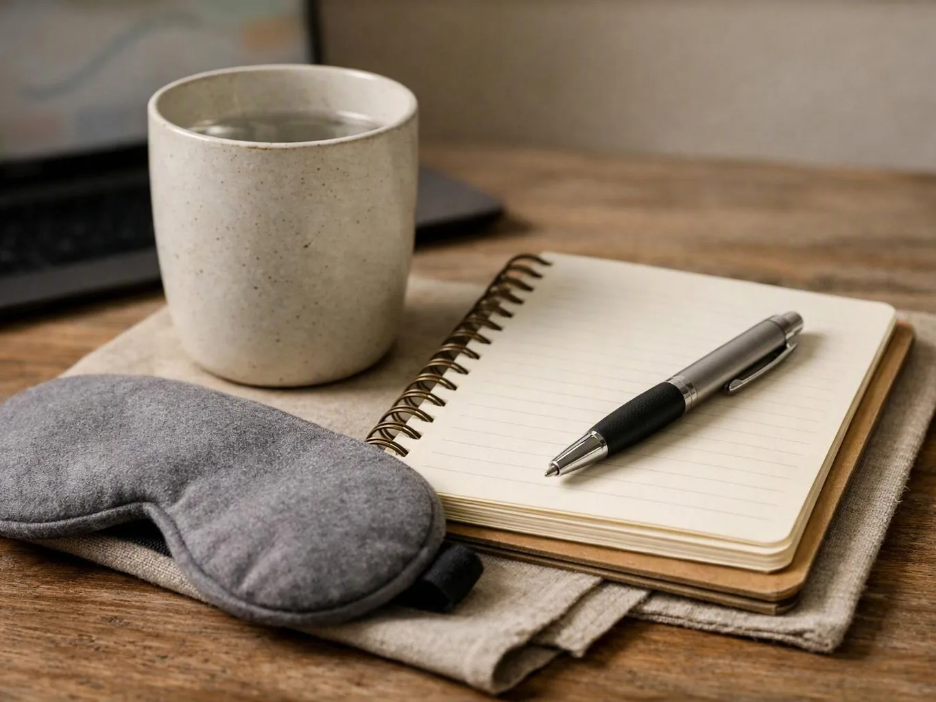 A ceramic mug, notebook, pen, and gray sleep mask rest on a wooden desk