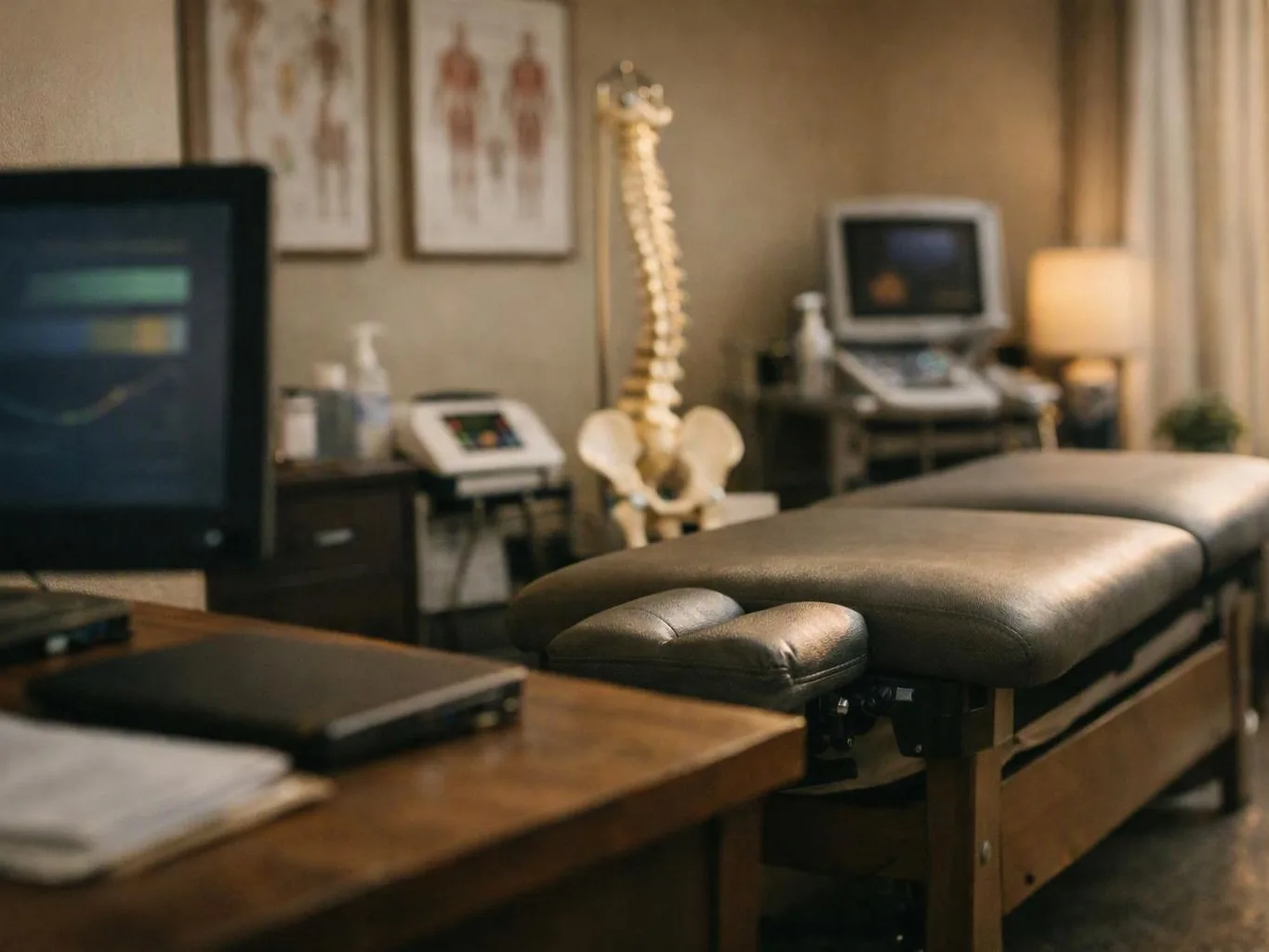 A chiropractic exam room shows a treatment table, spine model, monitors, and a desk under warm light