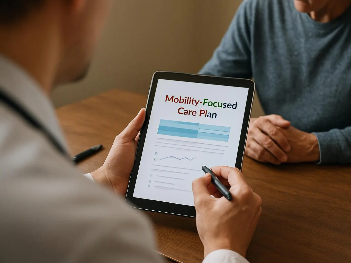 A clinician shows a tablet with a “Mobility-Focused Care Plan” while speaking with a seated patient at a table