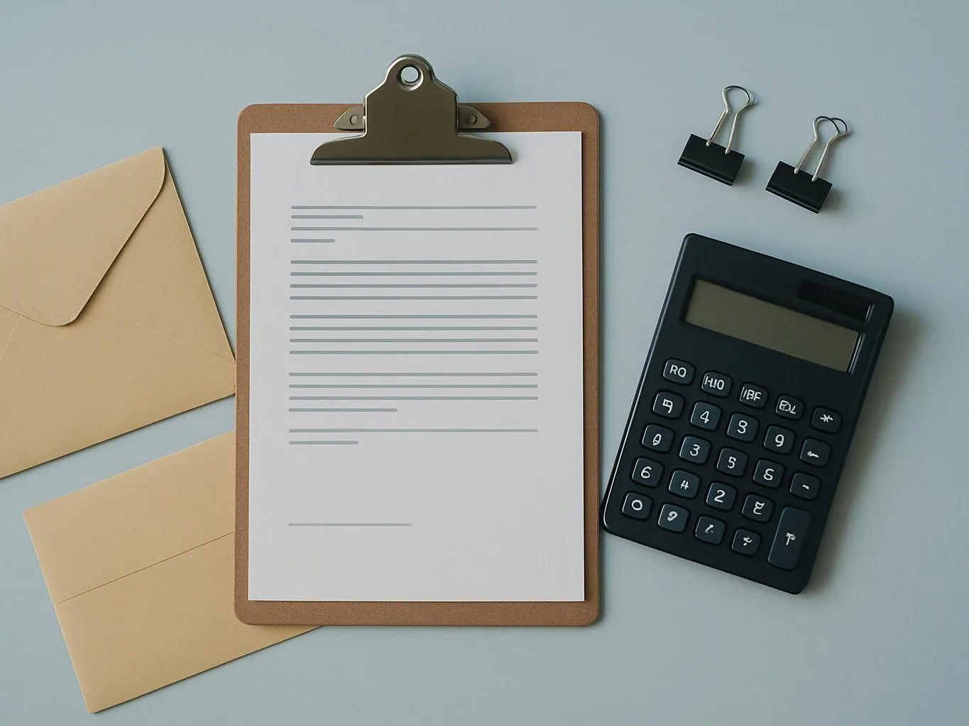 Clipboard with a lined paper, envelopes, binder clips, and a calculator on a gray desk