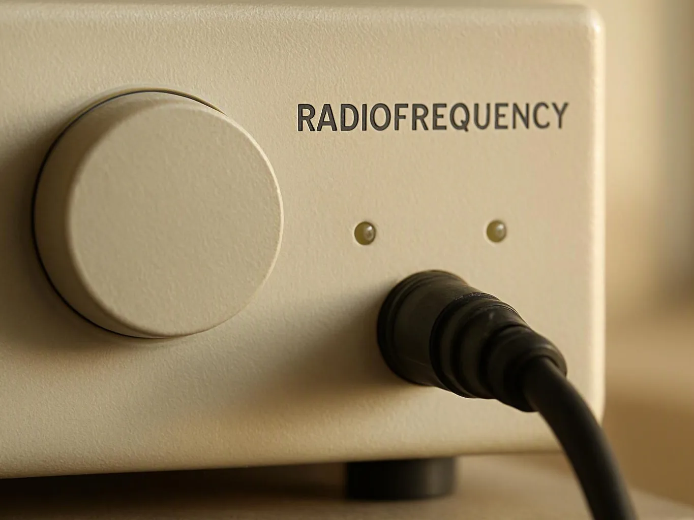 Close-up of a beige radiofrequency device with a large dial, two indicator lights, and a plugged-in cable