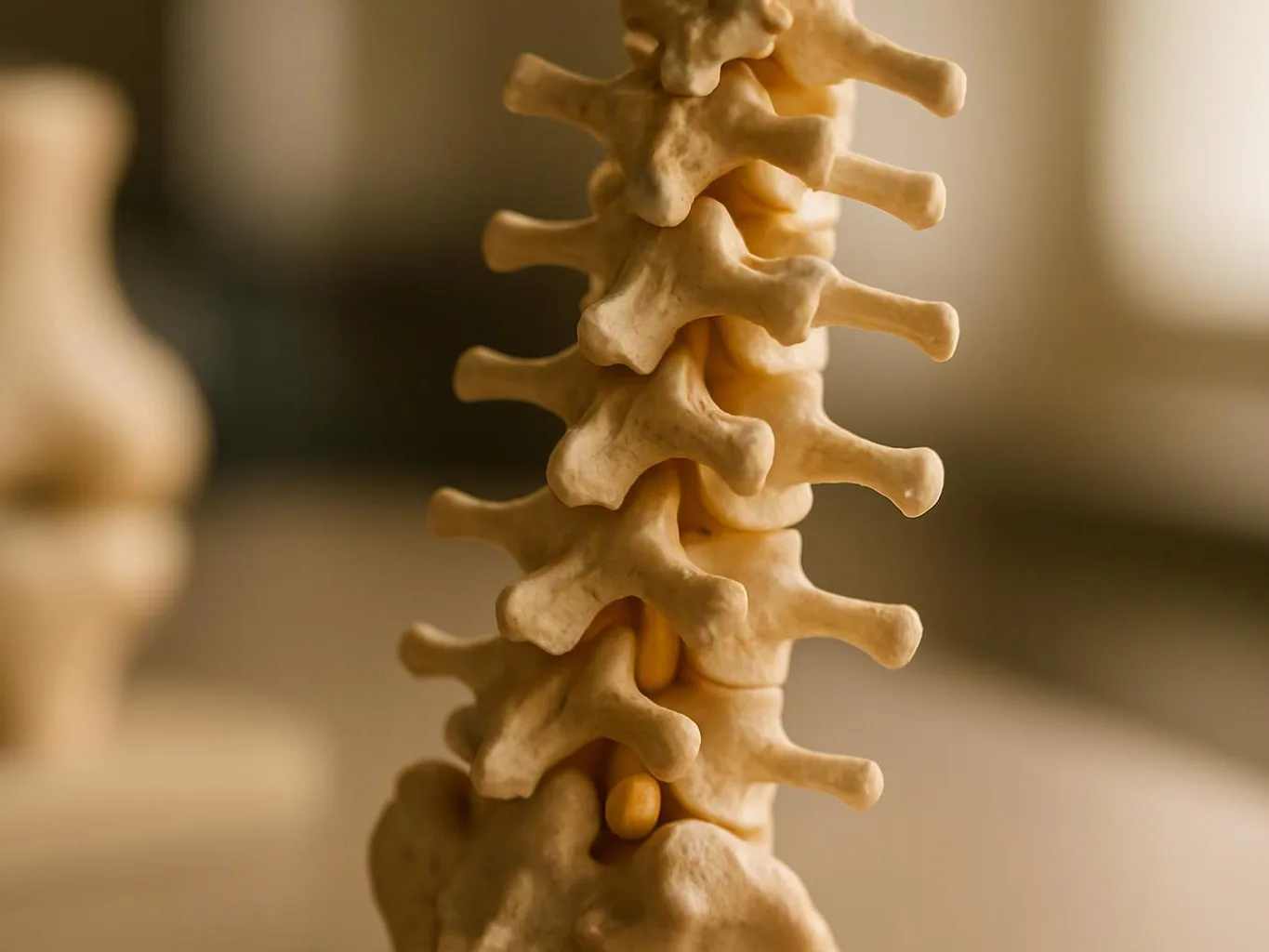 A close-up of a beige spine model stands upright against a softly blurred indoor background
