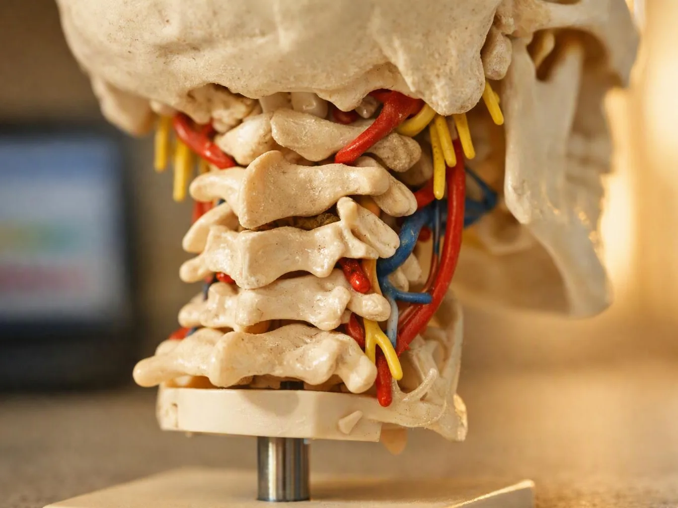 Close-up of a cervical spine model with colored nerves mounted on a metal stand
