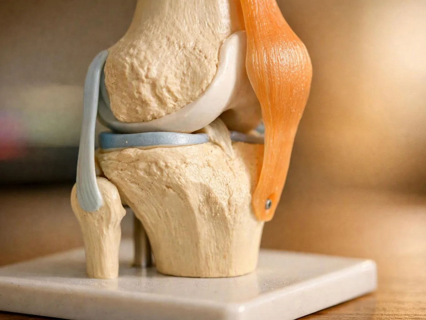 A close-up of a knee joint model shows bones, ligaments, and an orange muscle on a white base