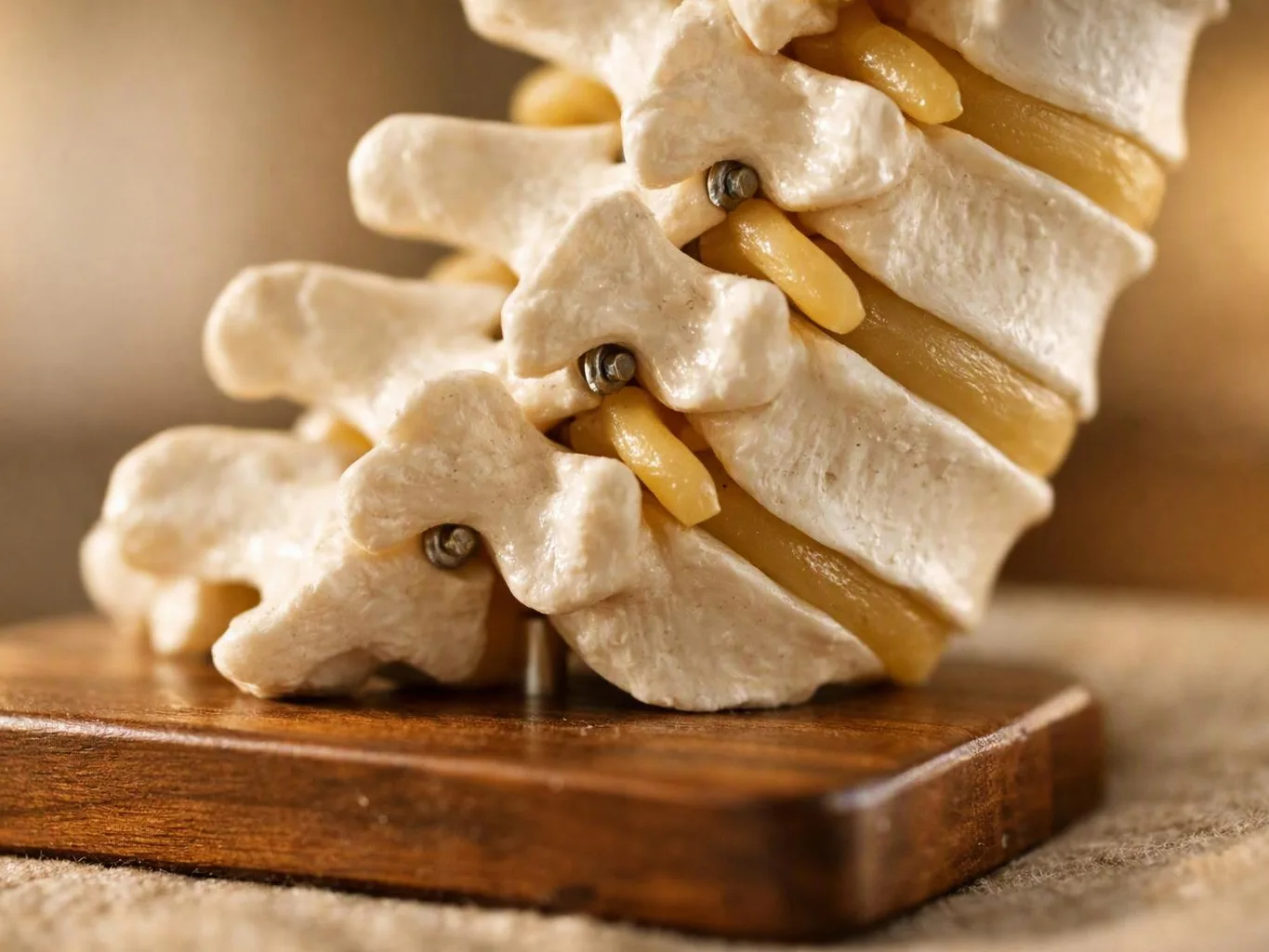 A close-up of a plastic spine model sits on a wooden base against a beige background