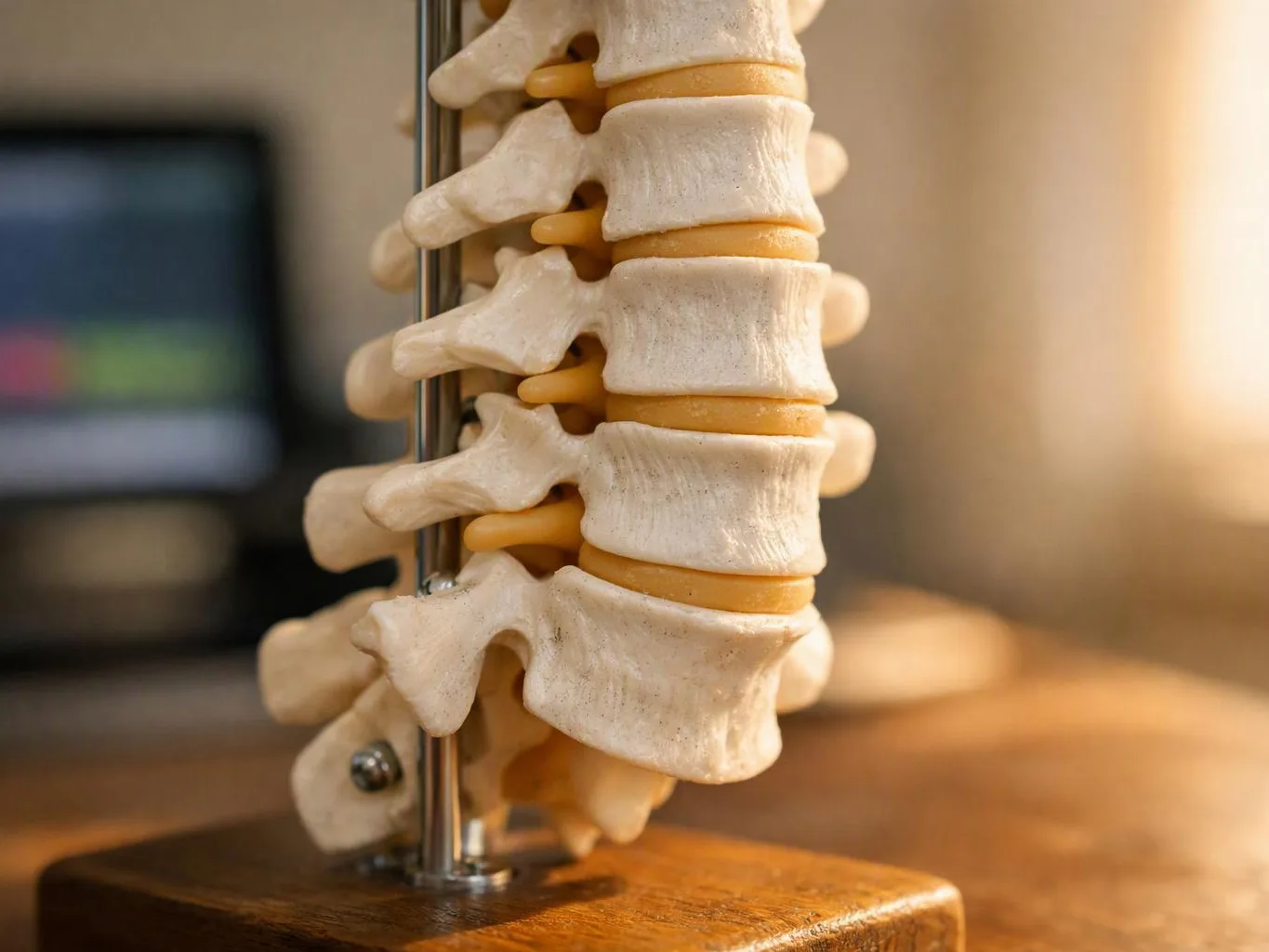 Close-up of a spine model mounted on a metal stand in a warm indoor room