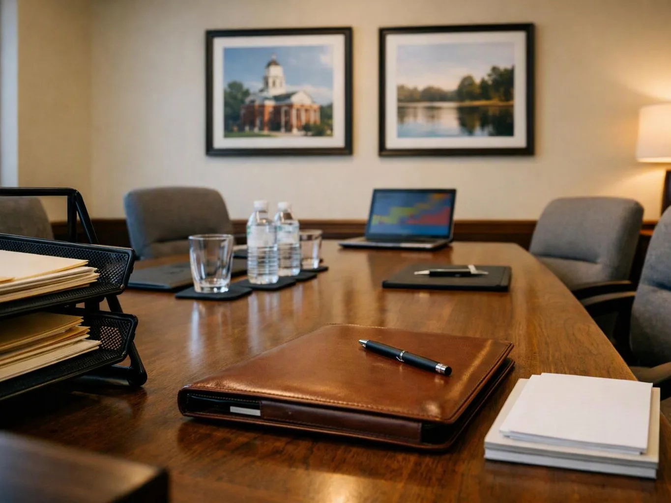 A conference table holds folders, a leather notebook, water bottles, glasses, a laptop