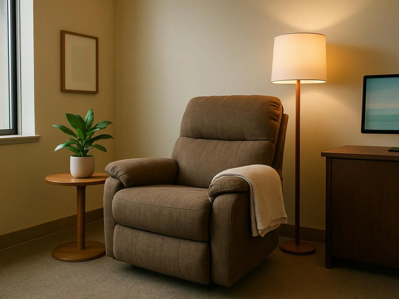 A cozy living room shows a brown recliner, floor lamp, side table with a plant, and a desk by the wall