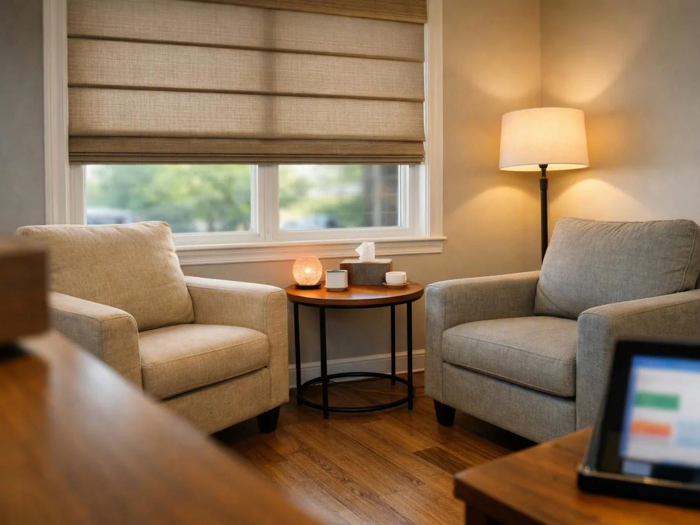 Cozy seating area with two armchairs, a small round table, and a lit floor lamp by a window