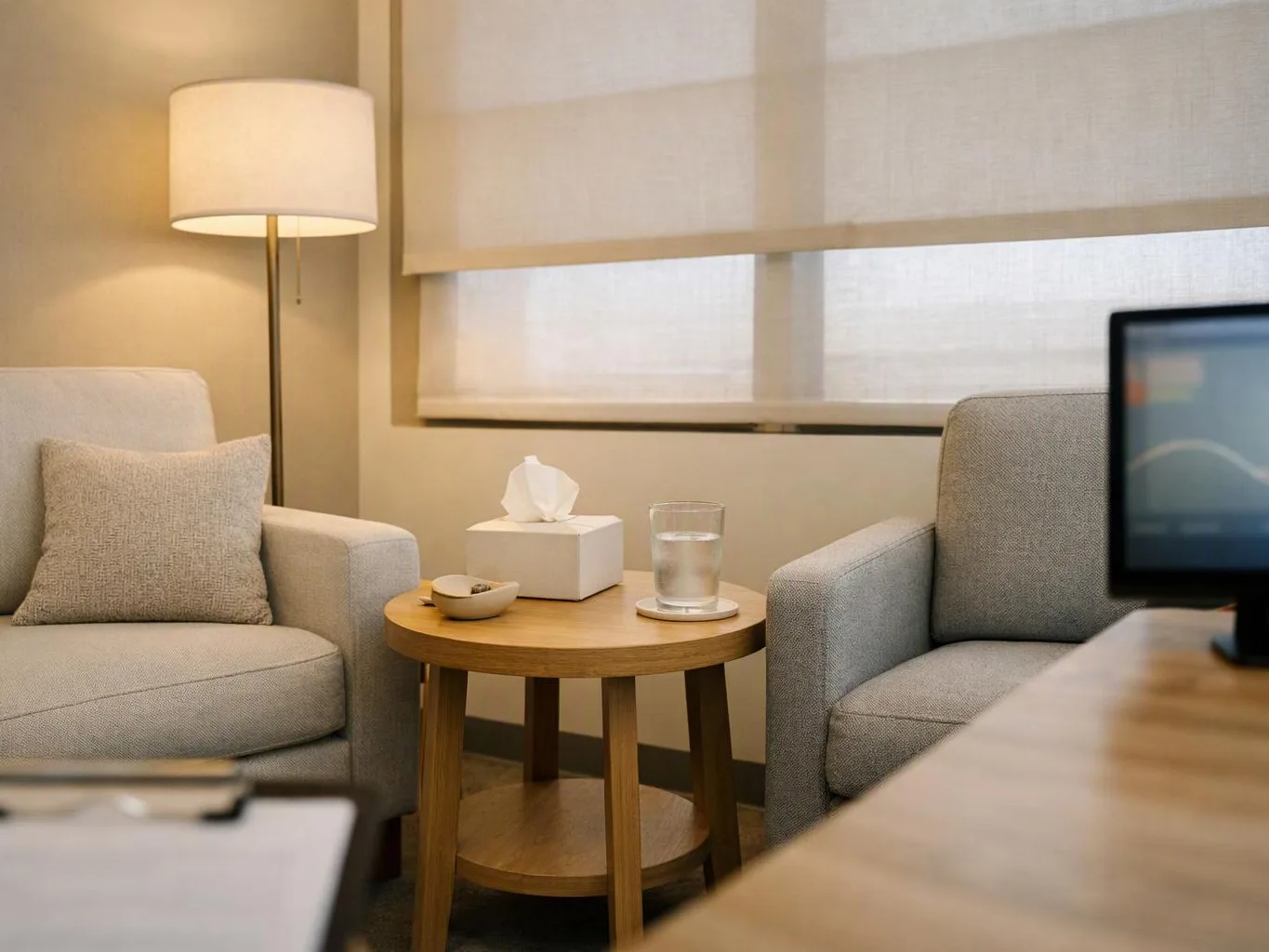 A cozy waiting room has two gray armchairs, a round wood table, a floor lamp, and a tissue box