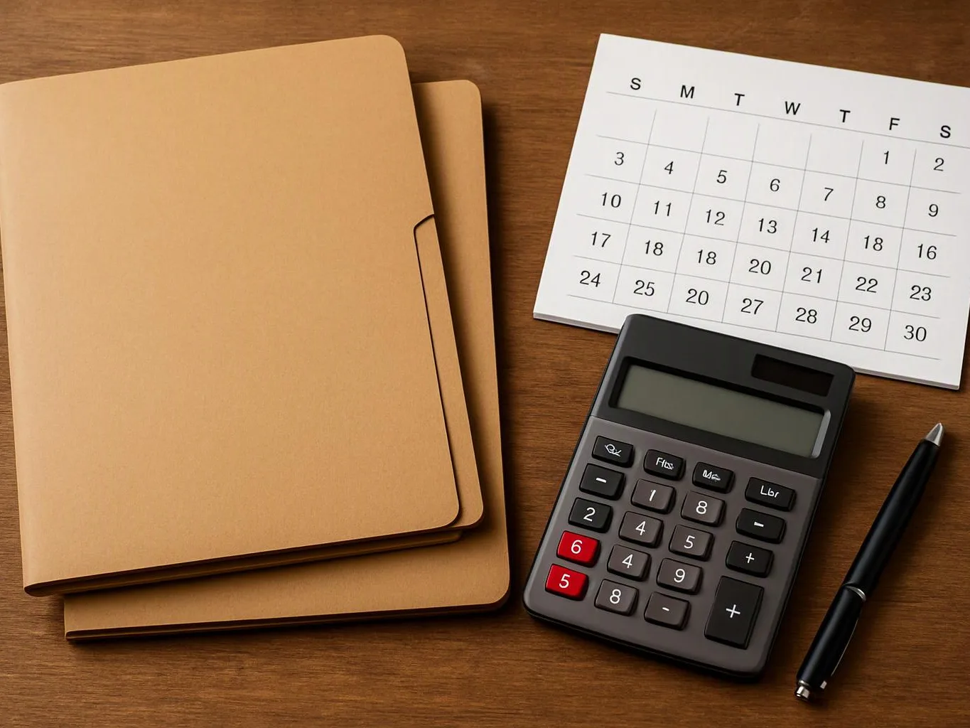 A desk holds tan folders, a paper calendar, a calculator, and a black pen
