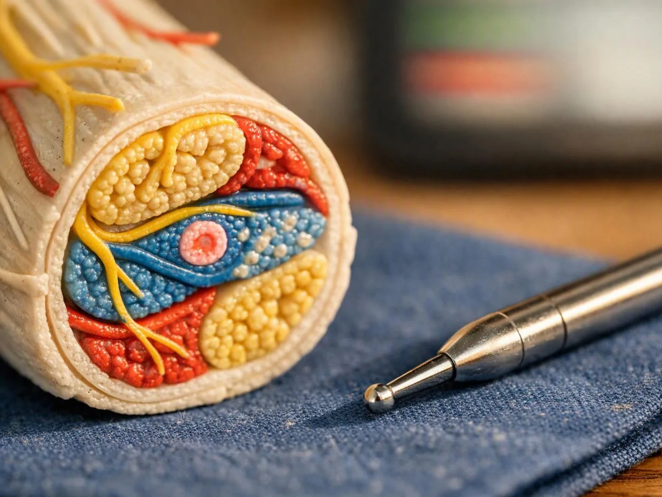 A detailed anatomical model of a cross-sectioned limb lies beside a metal pen on blue fabric