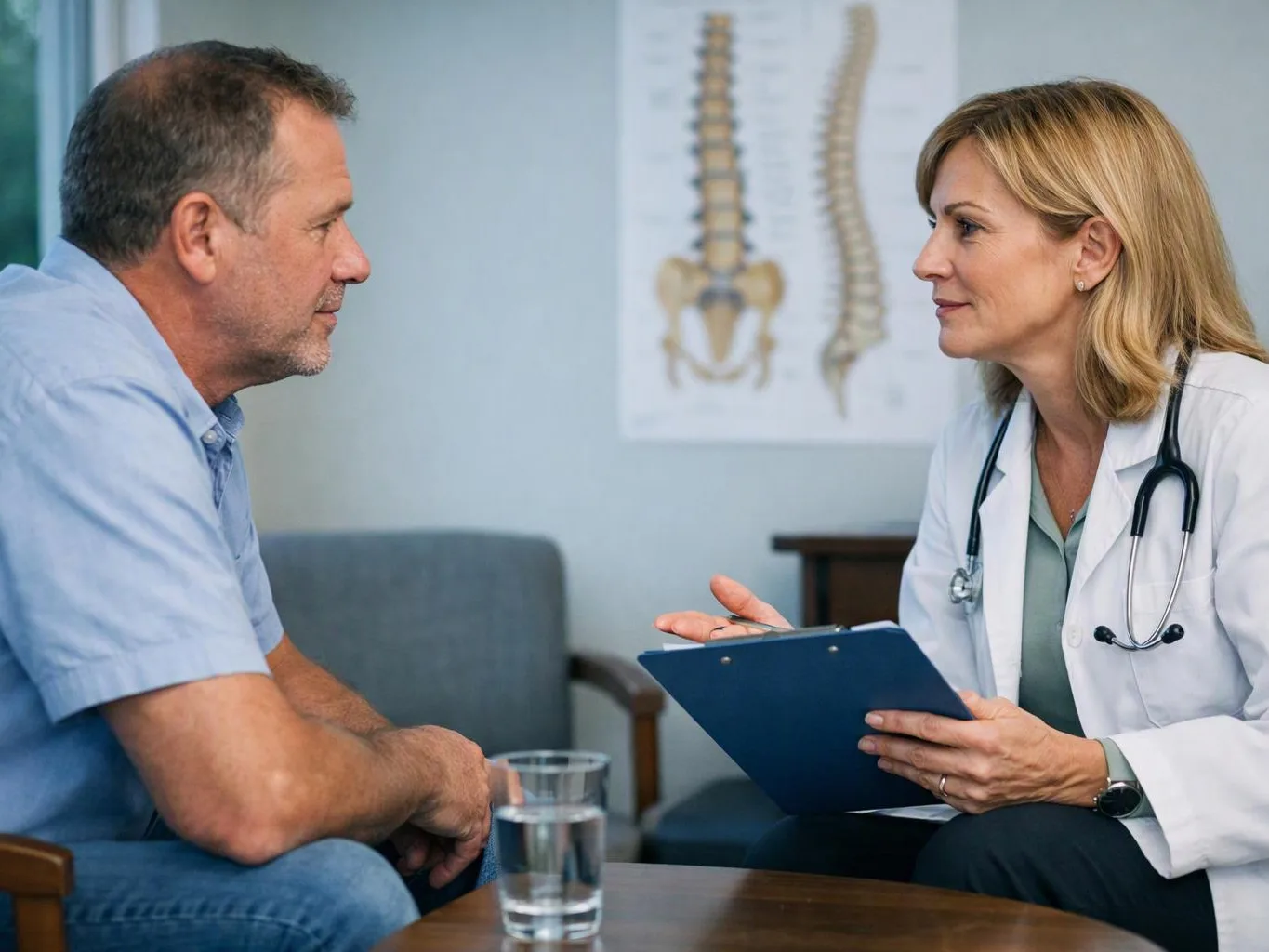A doctor with a clipboard talks with a seated man in a clinic office, with a spine chart behind them