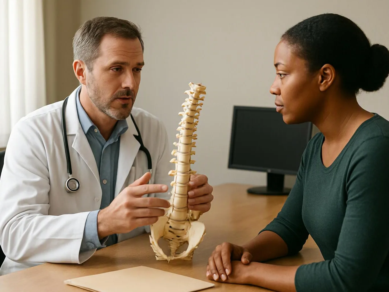 A doctor explains a spine model to a seated woman in a medical office