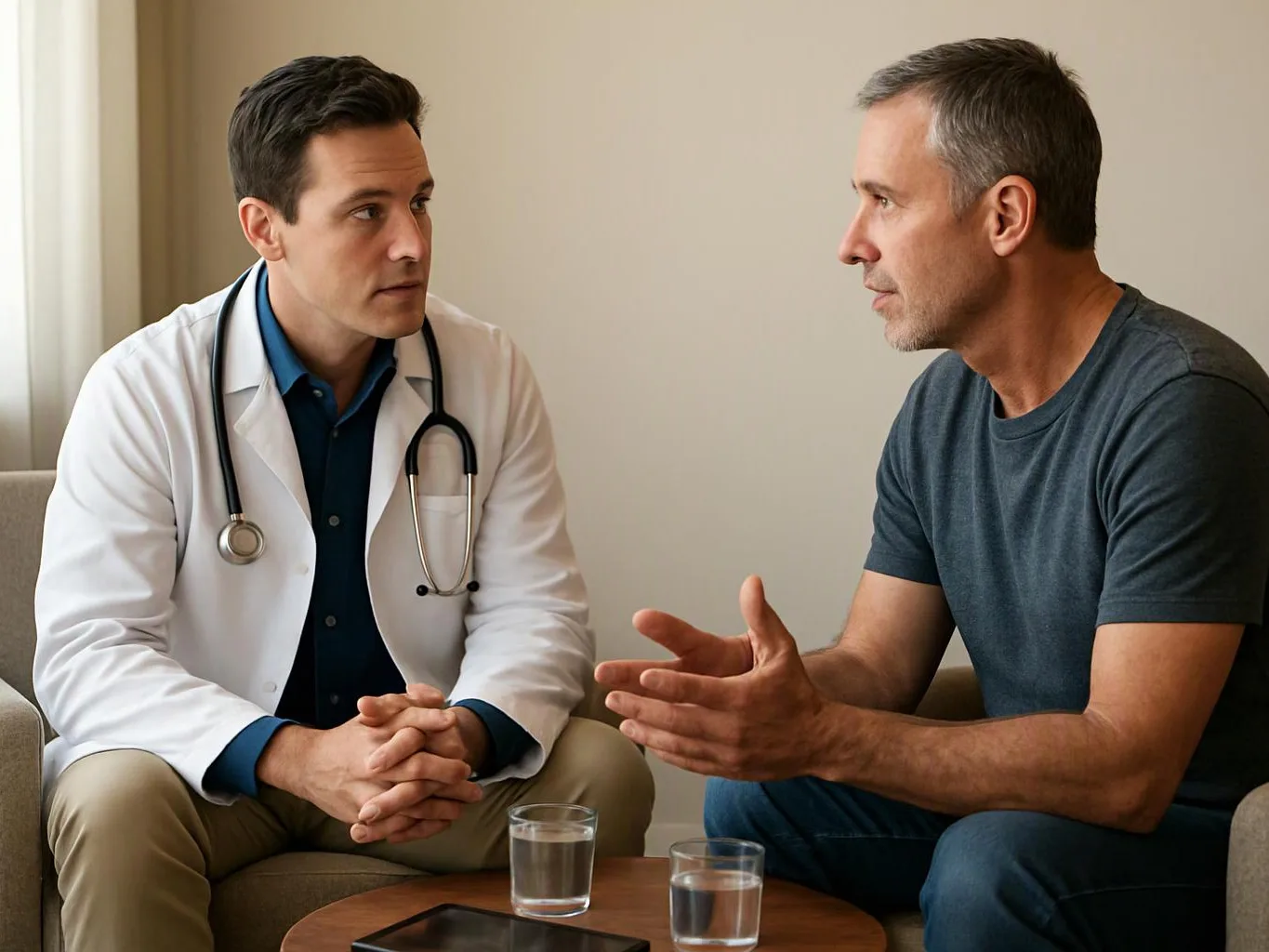 A doctor listens to a seated man speaking in a calm, bright living room