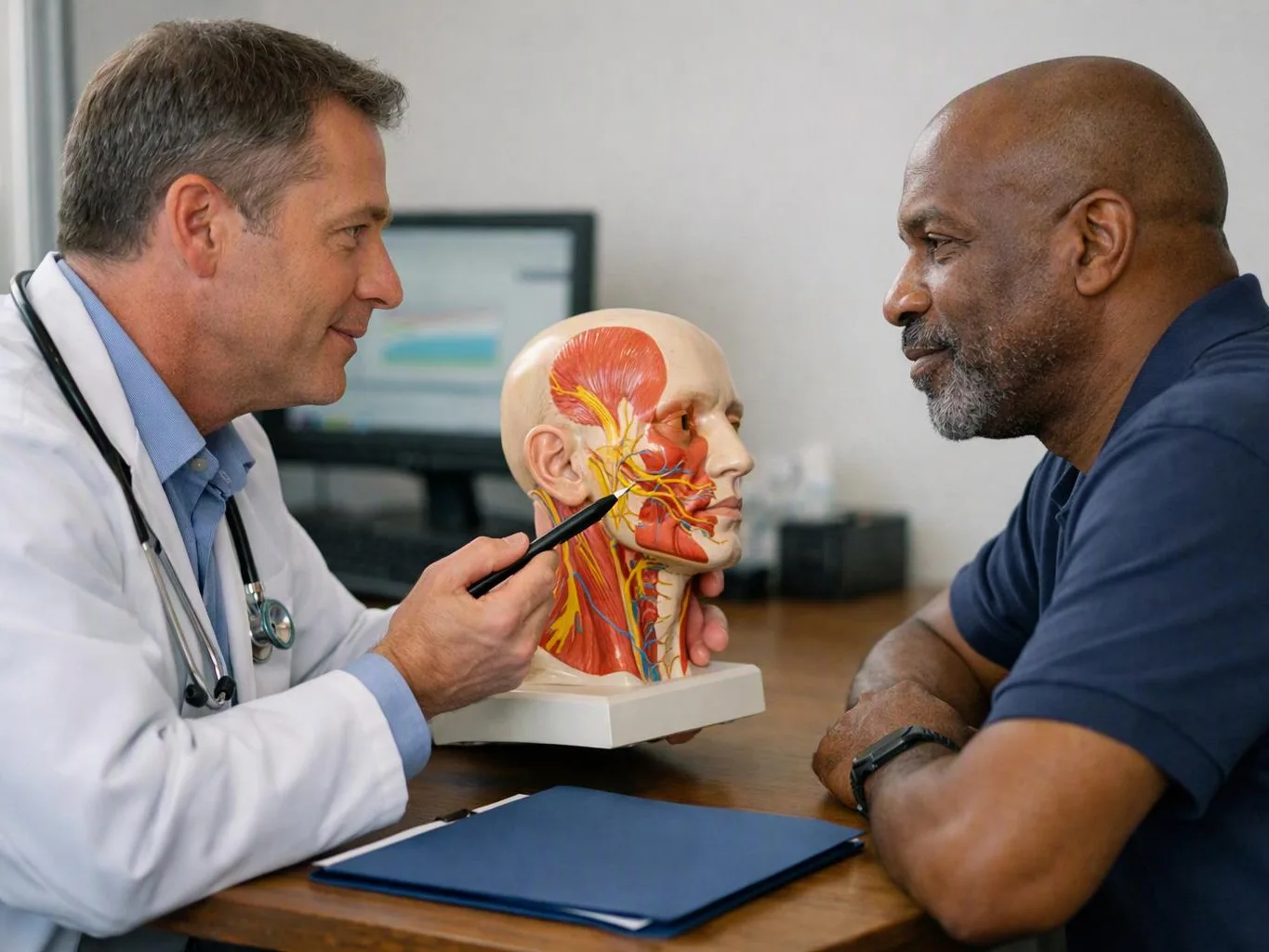 A doctor points to a head anatomy model while talking with a seated patient in an exam room