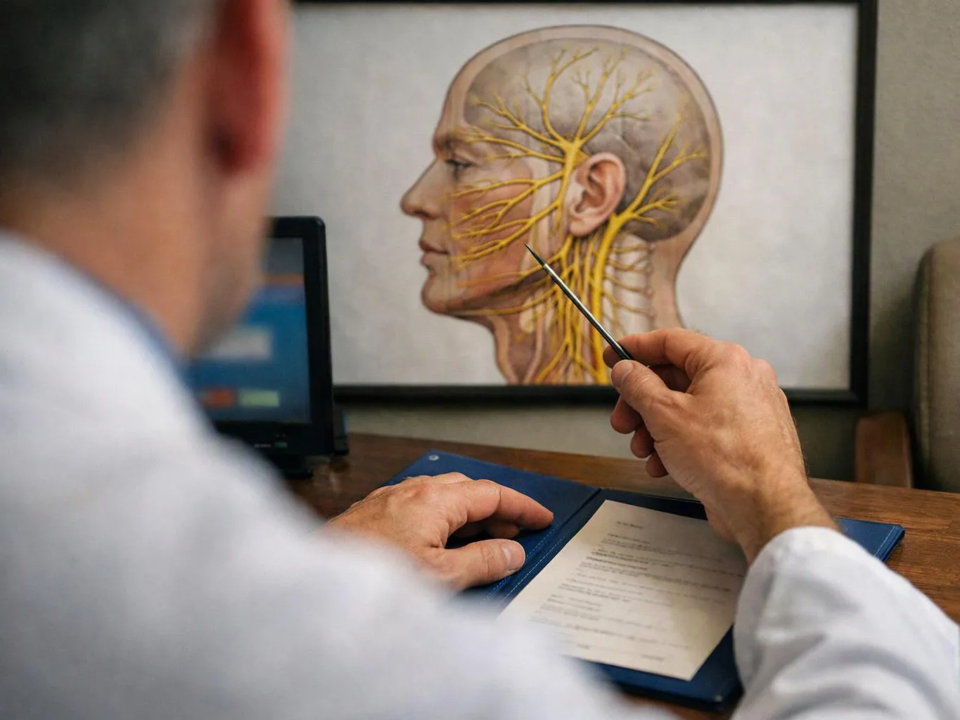A doctor points at a head and nerve diagram while reviewing papers at a desk