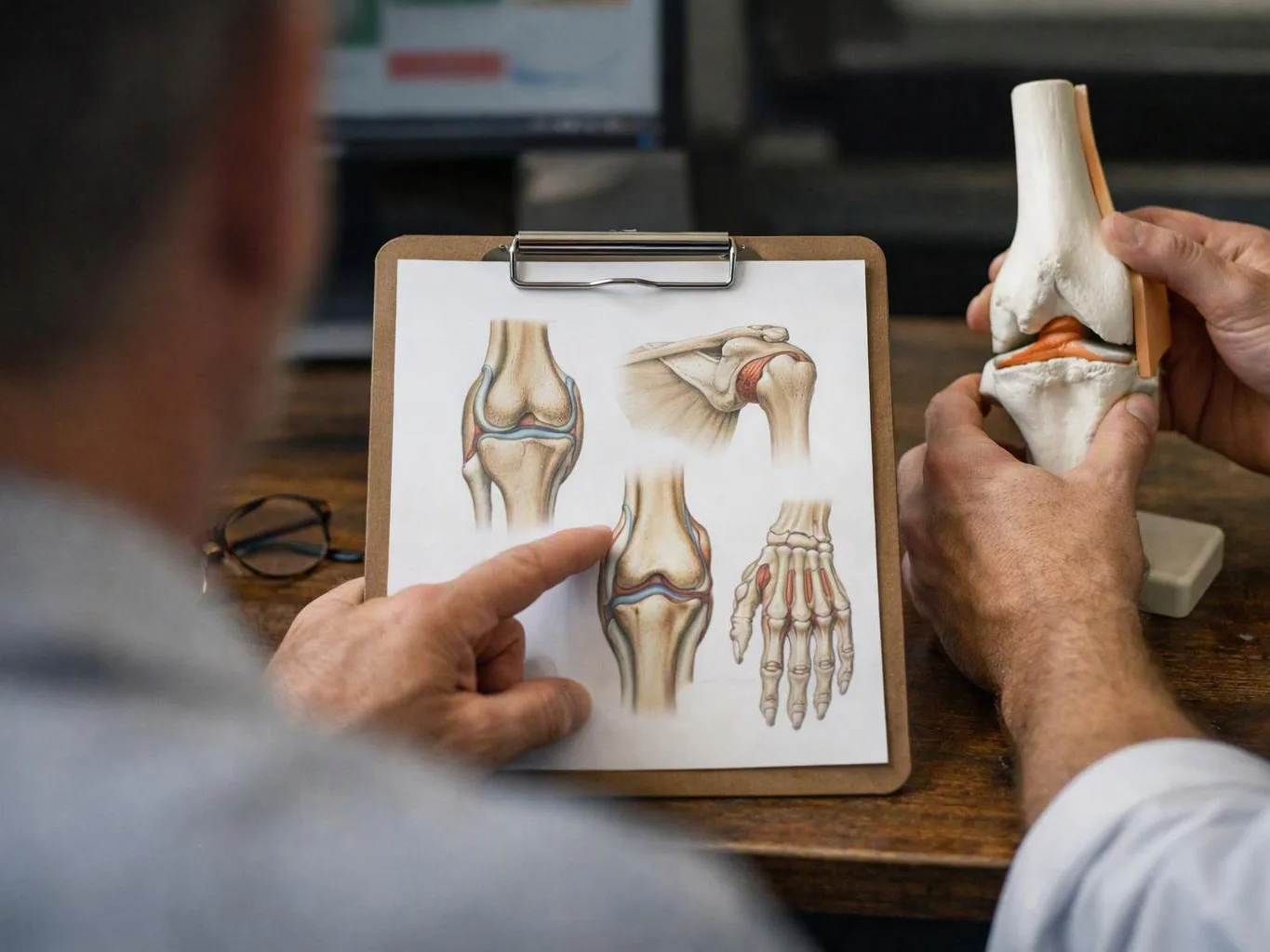 A doctor points at knee diagrams on a clipboard while holding a knee joint model at a desk