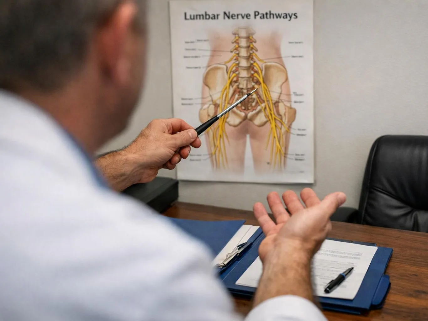 A doctor points at a lumbar nerve pathways chart while speaking across a desk in an exam room