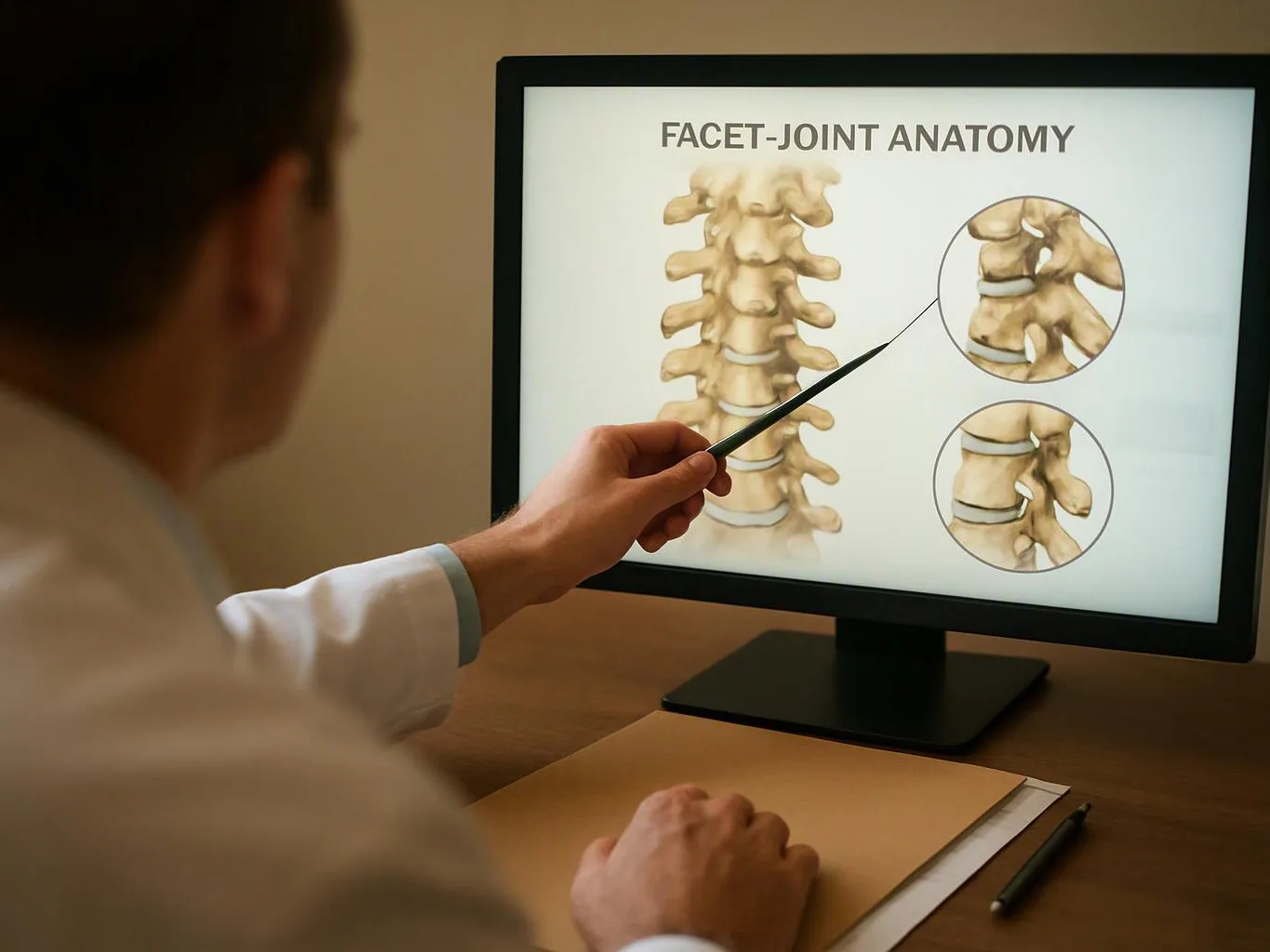 A doctor points at a monitor showing spine facet joint anatomy diagrams in a quiet office