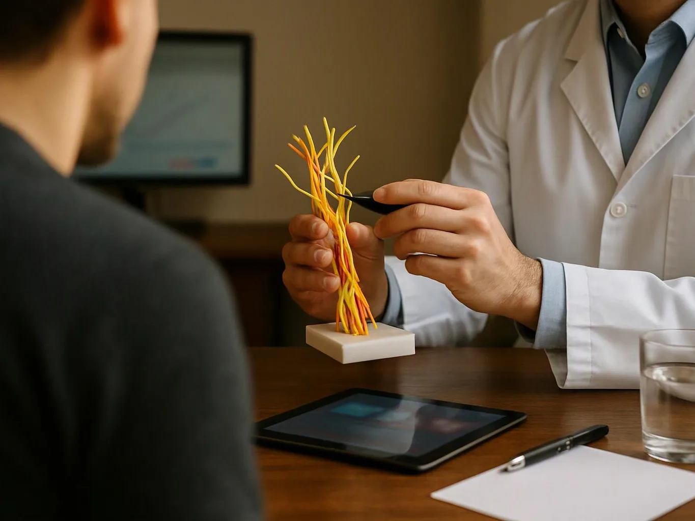 A doctor points at a nerve model across a desk while speaking to a seated patient