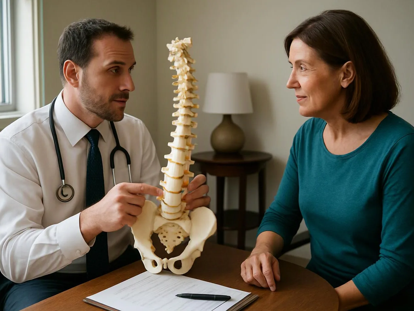 A doctor points to a spine model while speaking with a seated woman in a consultation room