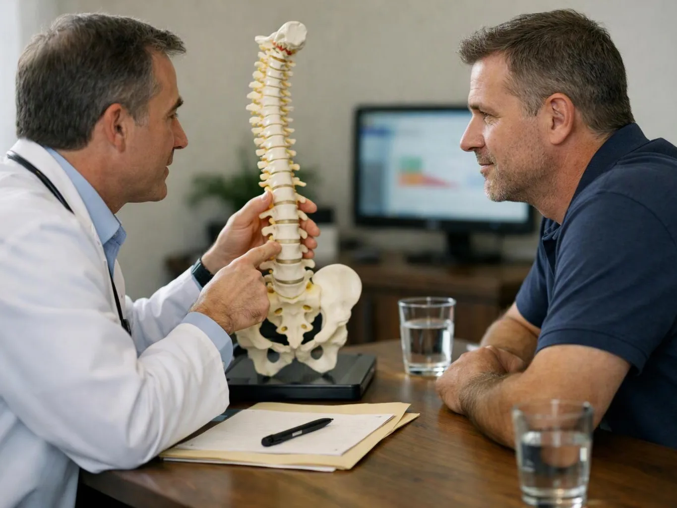 A doctor points to a spine model while speaking with a seated man at a desk