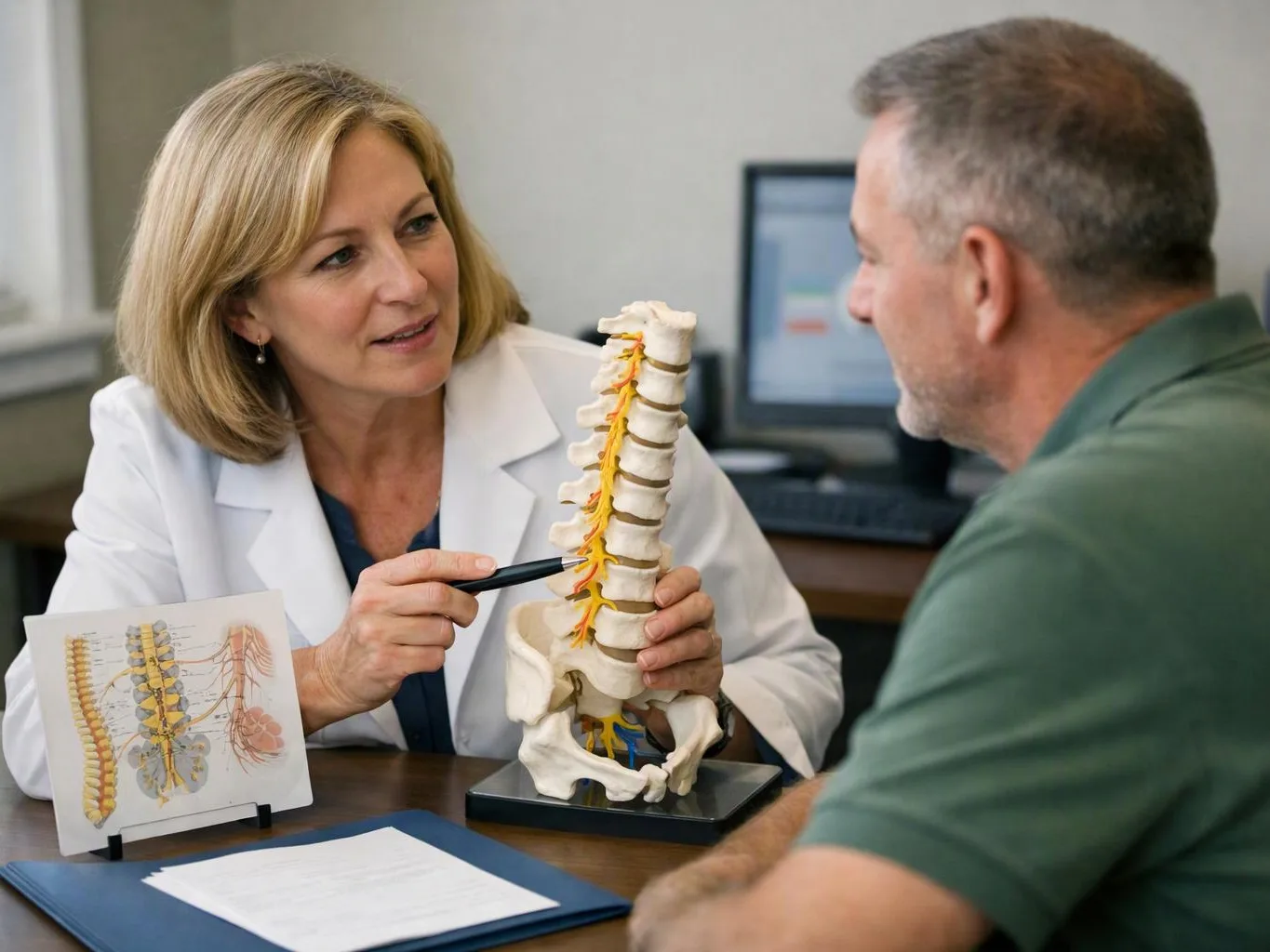 A doctor points to a spine model while talking with a man across a desk in an exam room