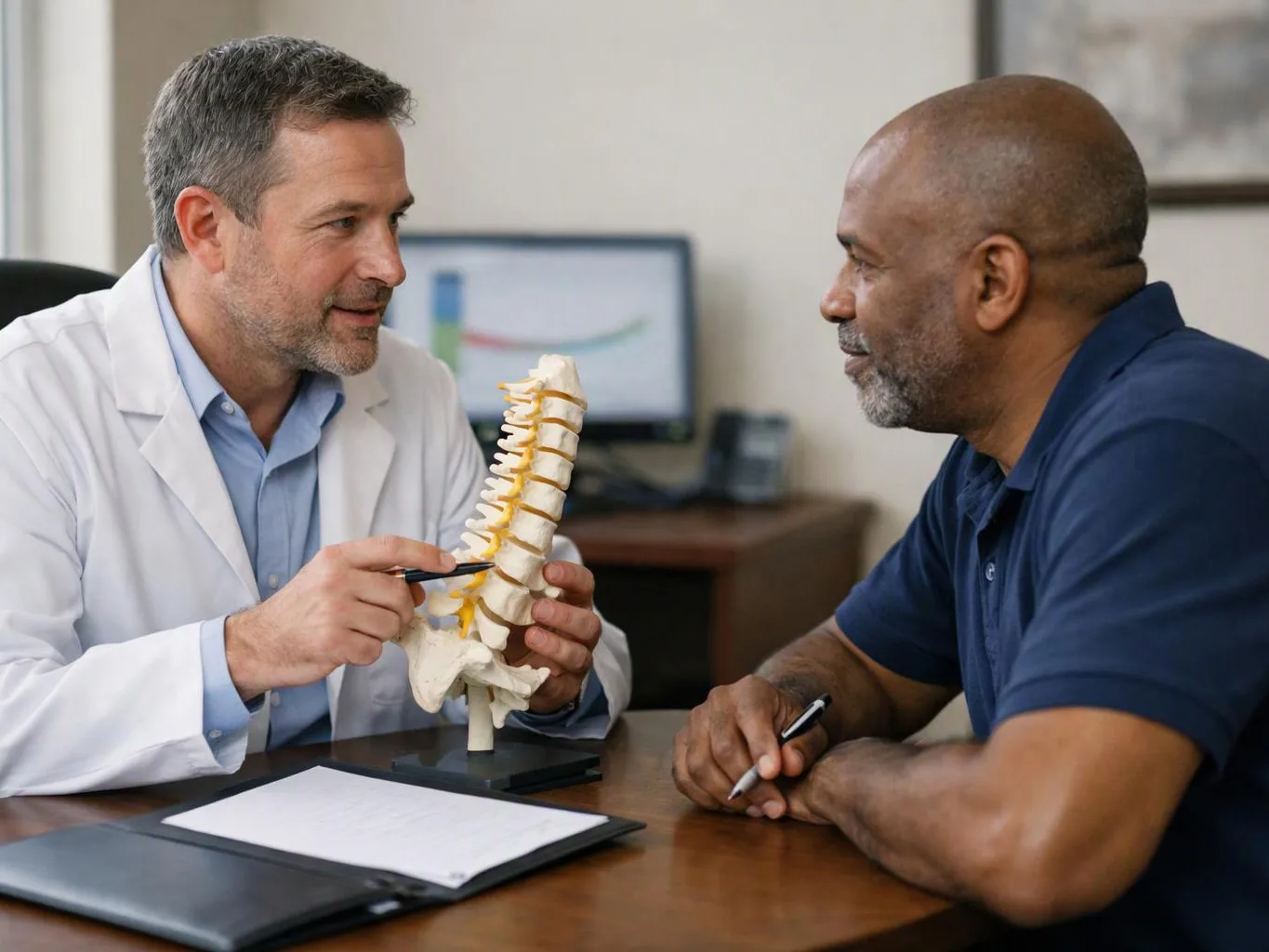 A doctor points at a spine model while talking with a man seated across a desk in an exam room