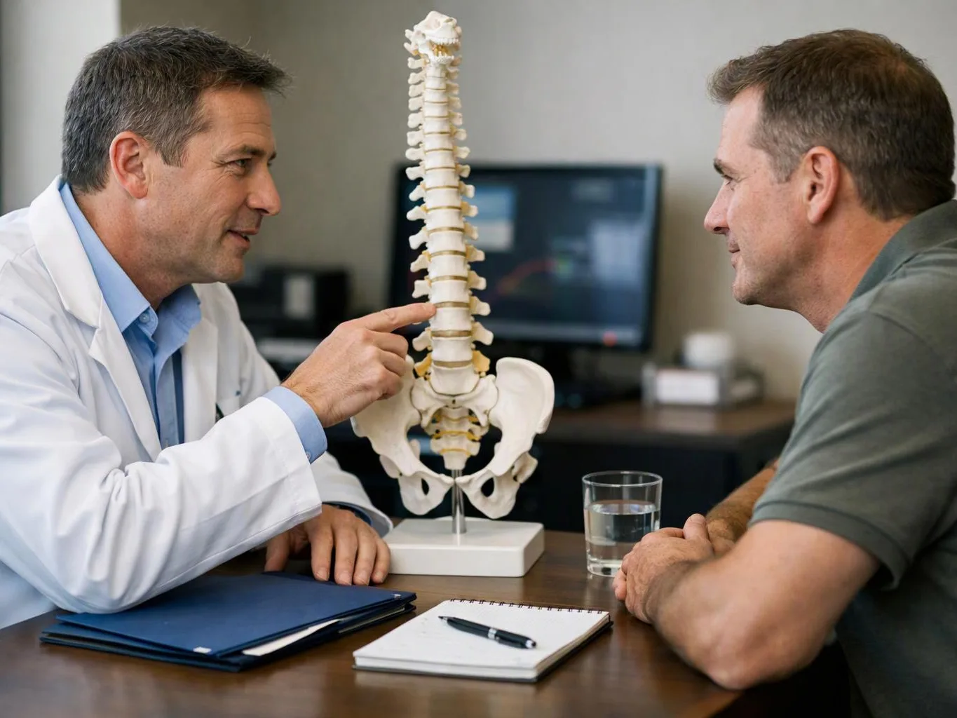 A doctor points to a spine model while talking with a seated man in an office
