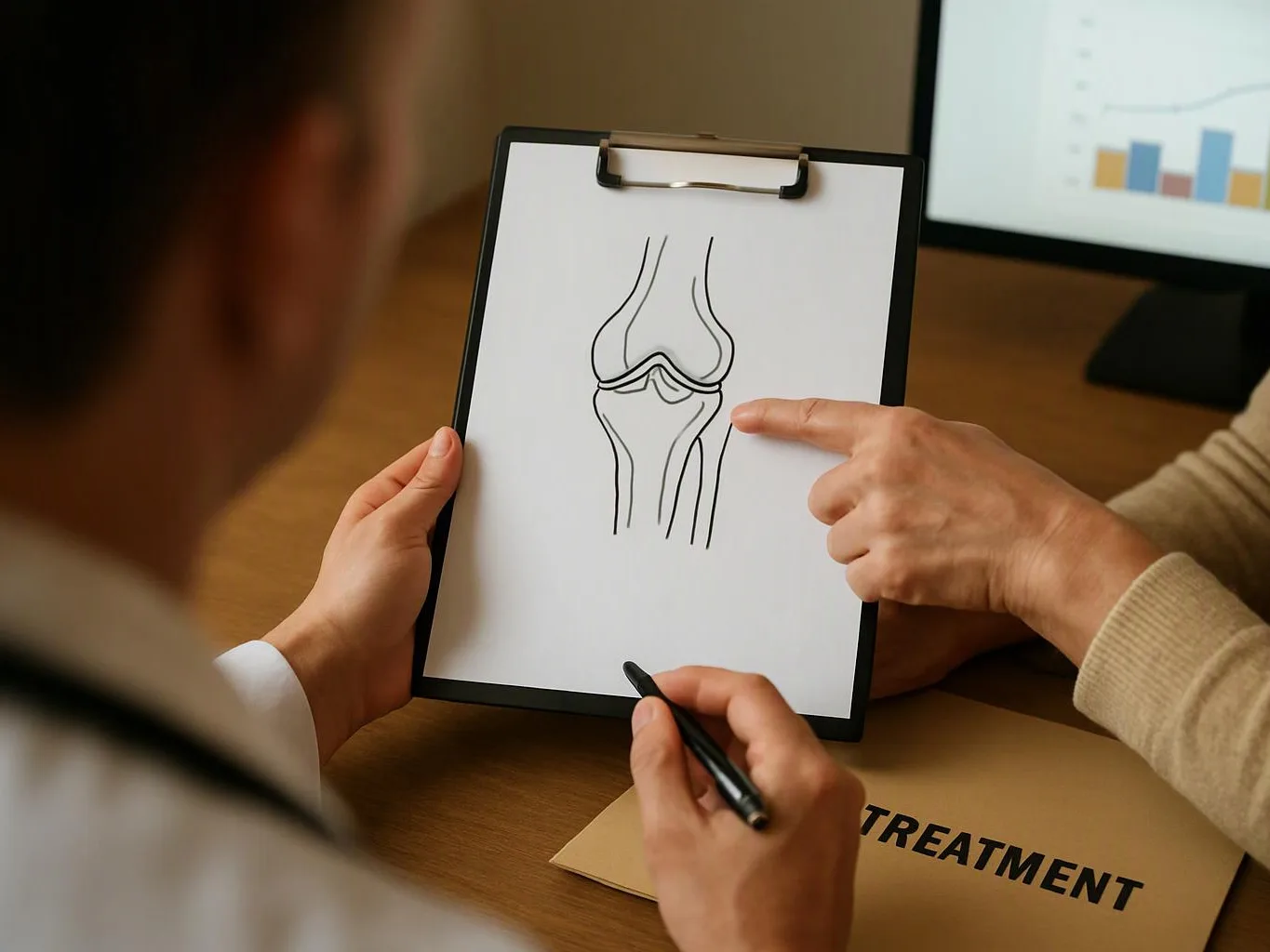 A doctor shows a knee joint diagram on a clipboard while another person points at it in a clinic office